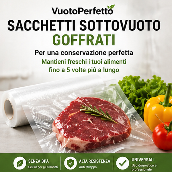 sacchetti-sottovuoto-goffrati, buste-sottovuoto-alimentari, 105-micron, conservazione-alimenti, universali, compatibili-tutte-le-macchine, sous-vide, congelatore, 20x30, 30x40, 15x25, 25x35, 100-pezzi, bpa-free, 5-strati, uso-domestico-professionale