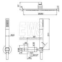 Paini-Kit-doccia-tondo-diam.25-cm-braccio-doccetta-supporto-presa-acqua-cox-soffione-cromato-53CR441P4