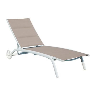 White aluminium textilene upholstered sun lounger with wheels CLAT51T