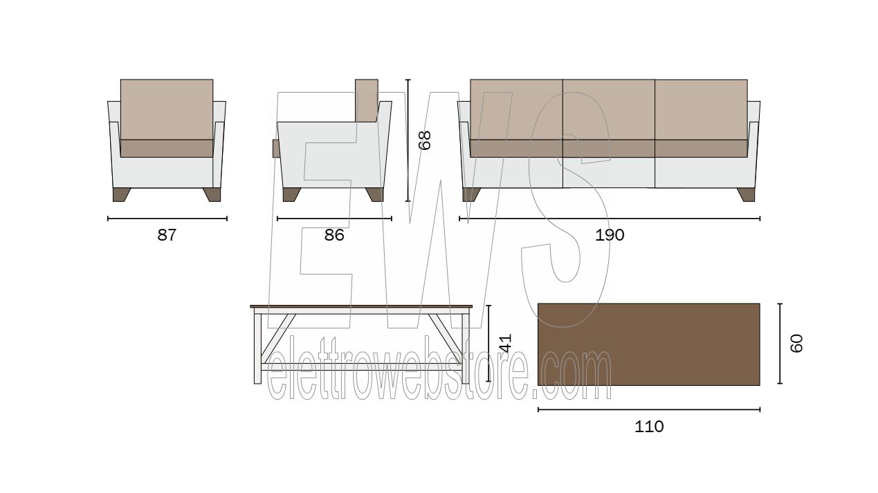 Table Jaipur + 2 fauteuils et ensemble canapé PES29